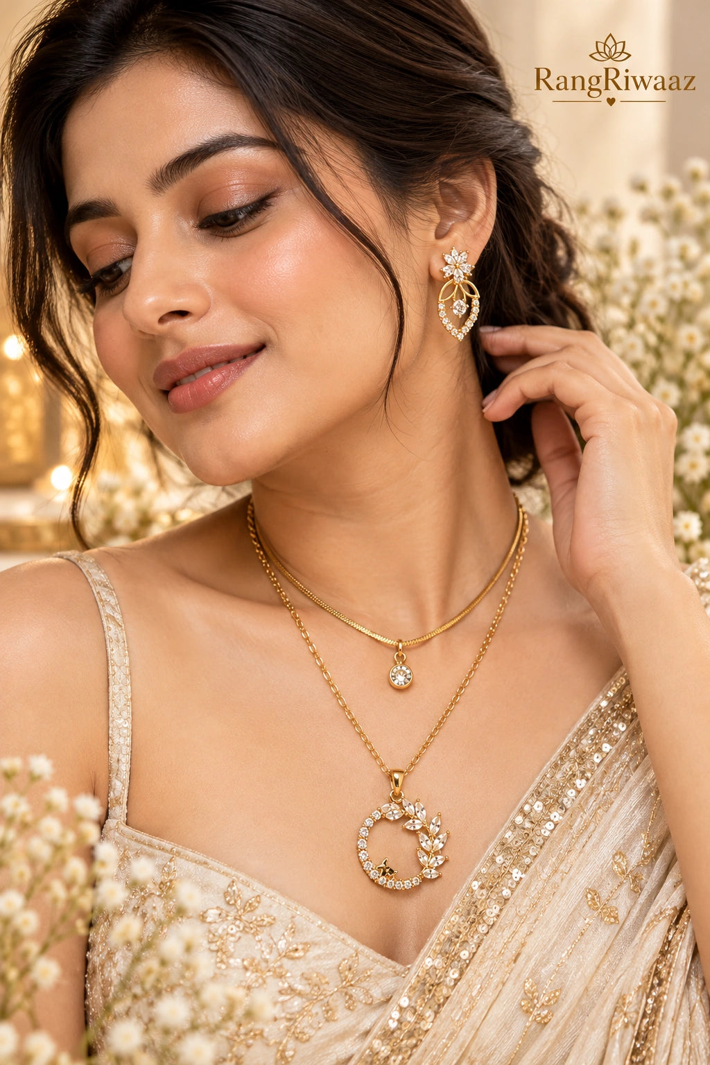 Anti-Tarnish gold-plated layered necklace and matching floral-leaf drop earring