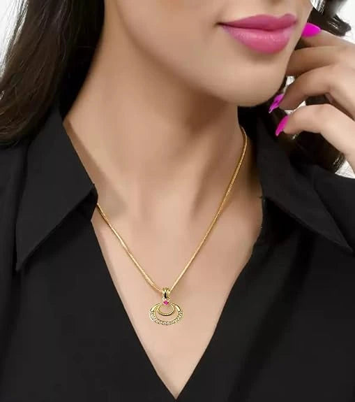 Gold-Plated Daily Wear Double Circle Pendant Chain with Ruby Stone