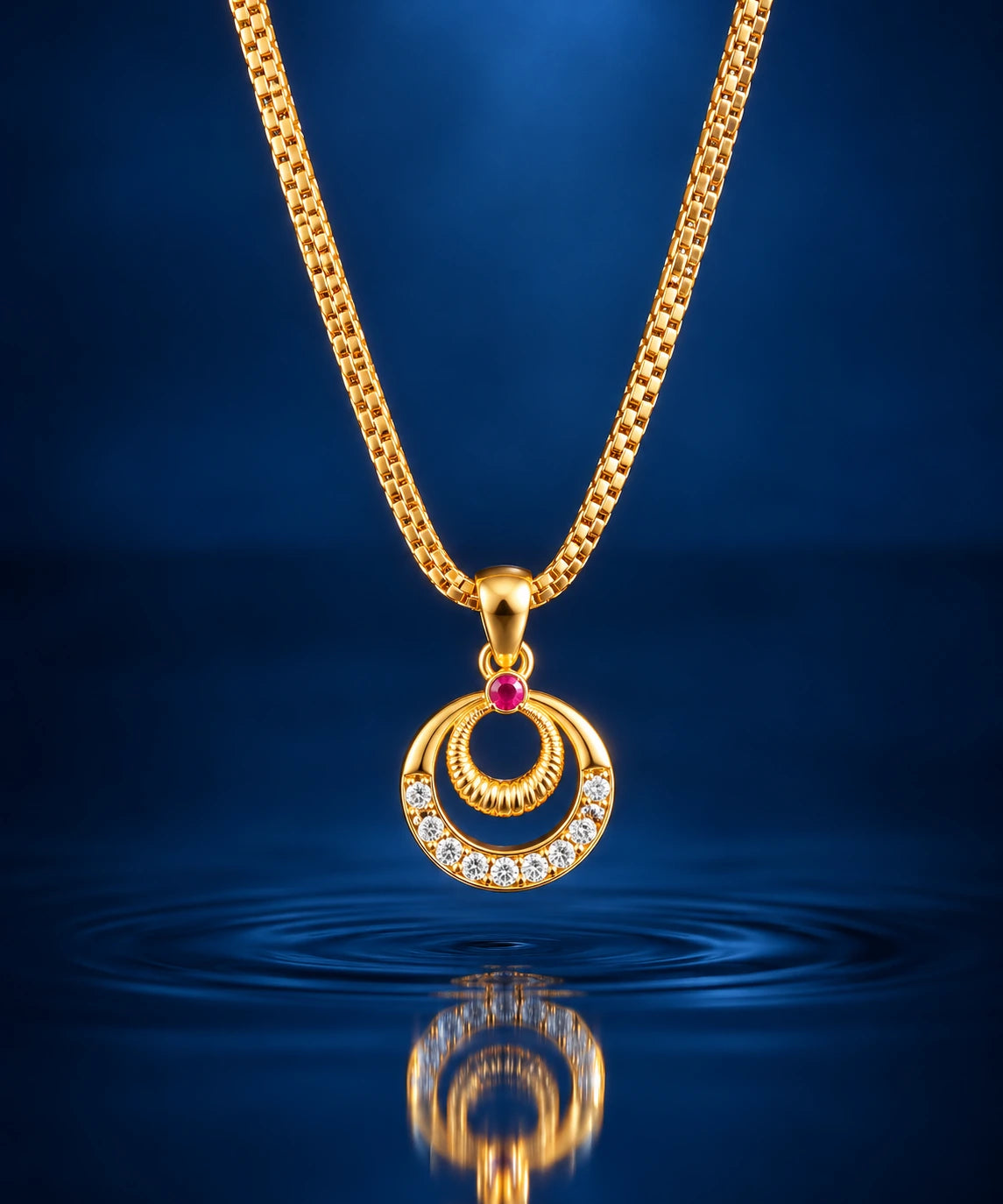 Gold-Plated Daily Wear Double Circle Pendant Chain with Ruby Stone