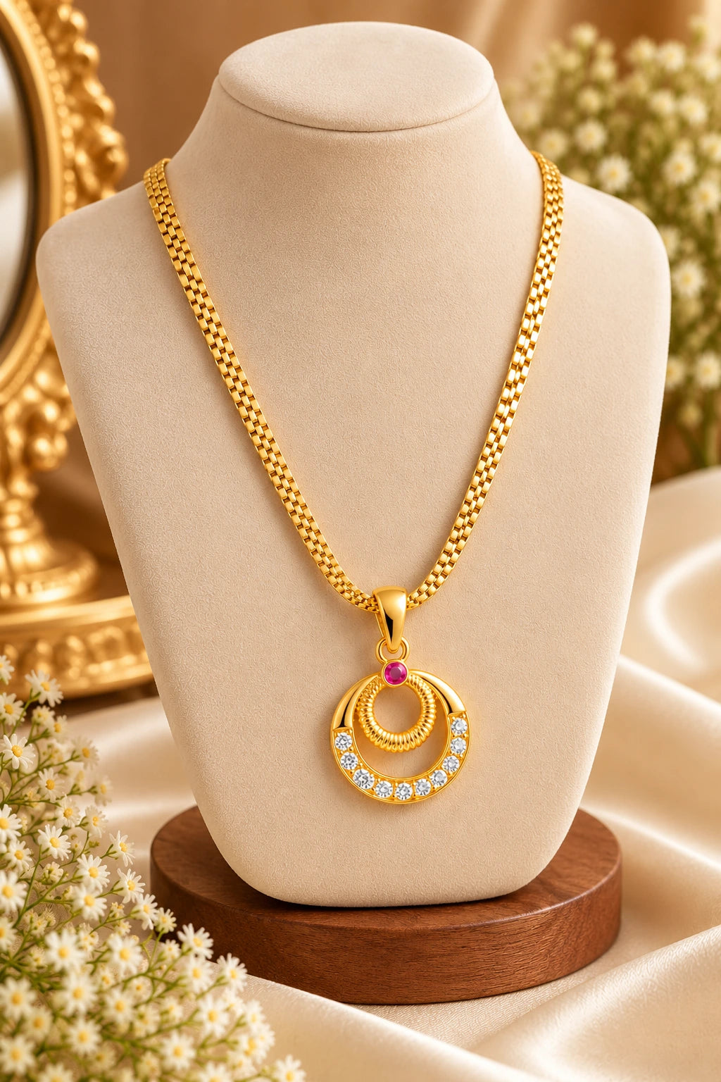 Gold-Plated Daily Wear Double Circle Pendant Chain with Ruby Stone
