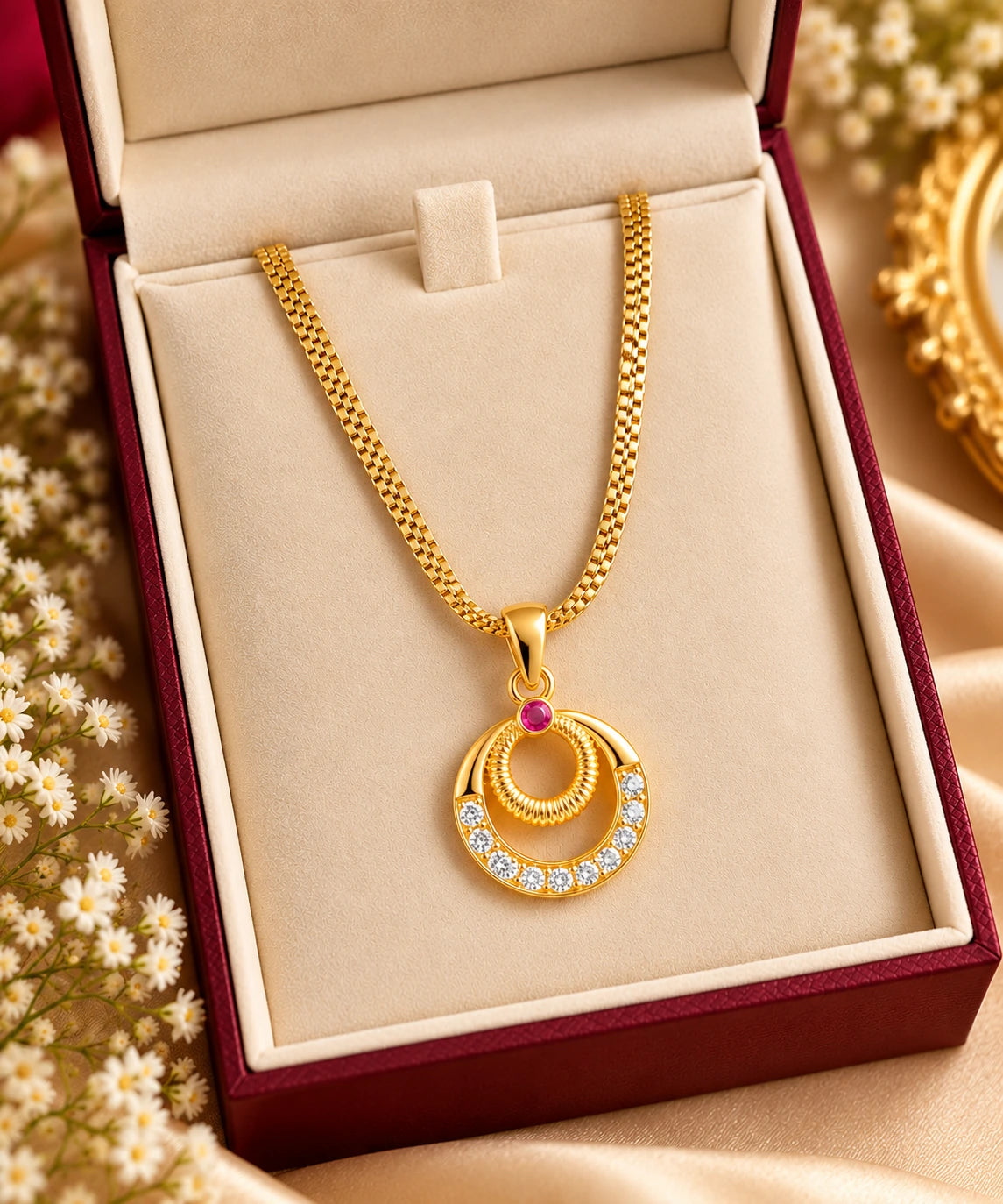 Gold-Plated Daily Wear Double Circle Pendant Chain with Ruby Stone