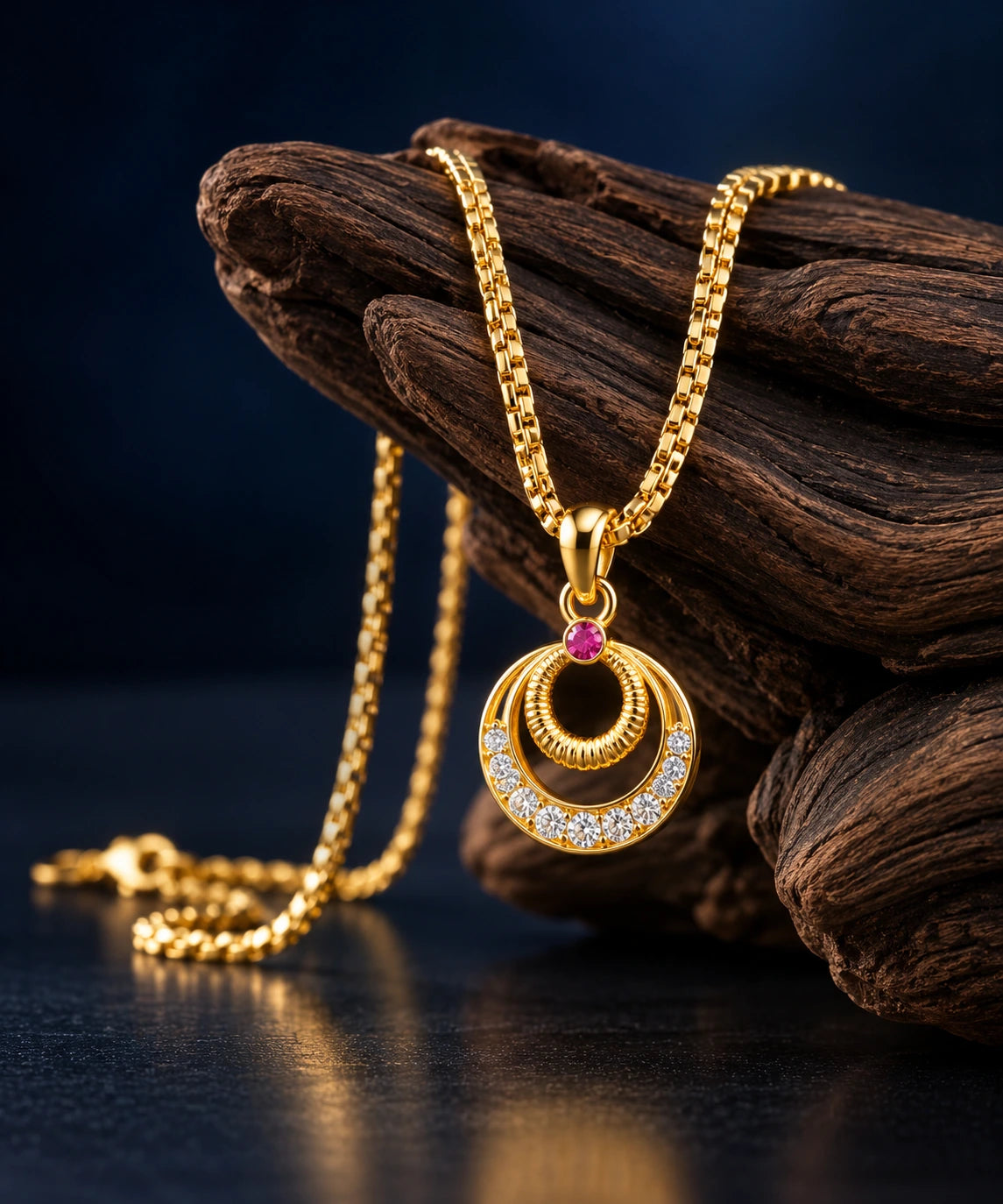 Gold-Plated Daily Wear Double Circle Pendant Chain with Ruby Stone