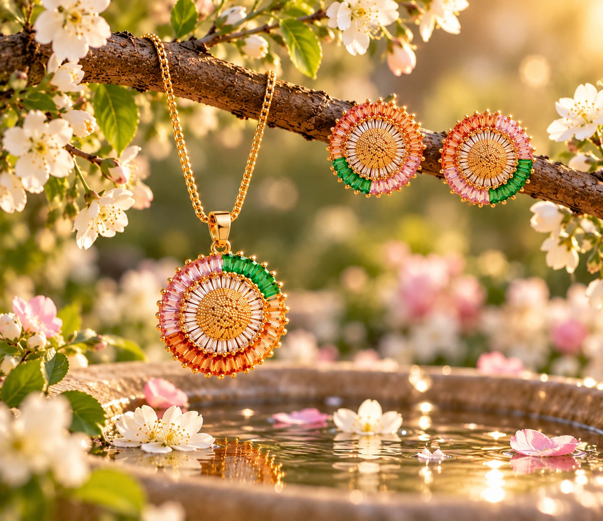 Multicolor Sunburst Spectrum Gold Finish Pendant Set with Earrings