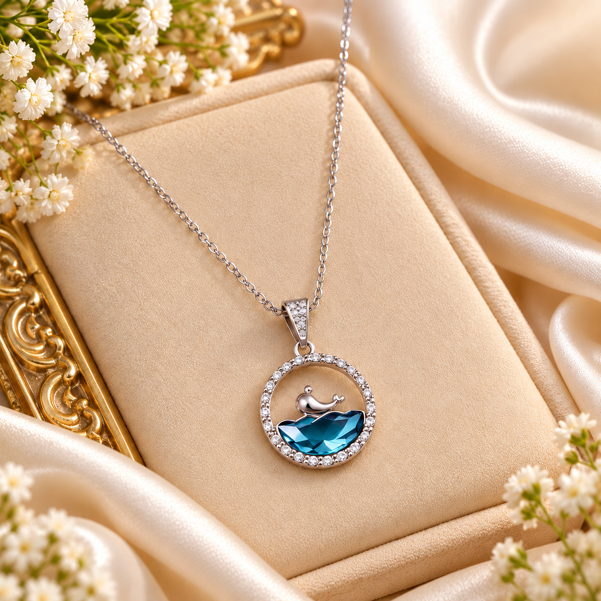 Blue Stone Circle Pendant in Silver Tone