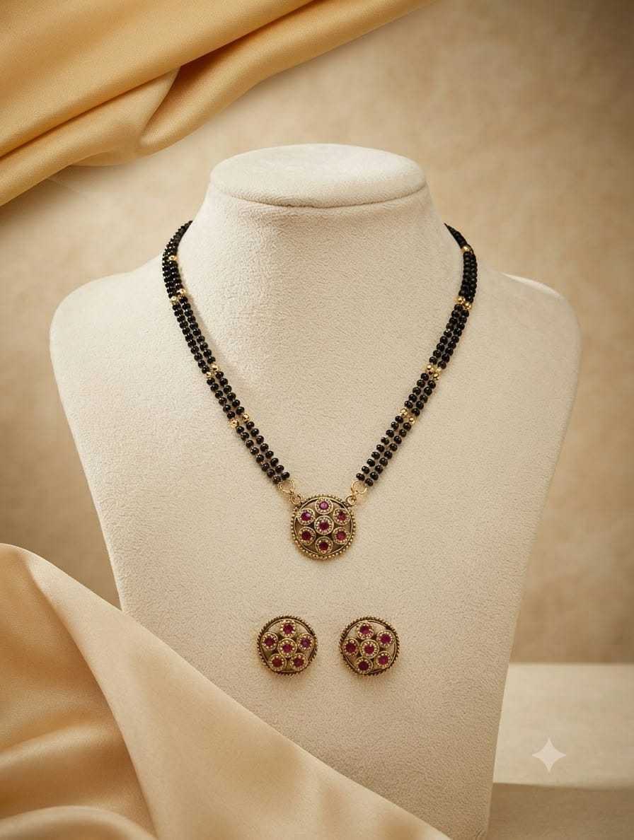 AD Mangalsutra Set with Red Centre Floral Pendant