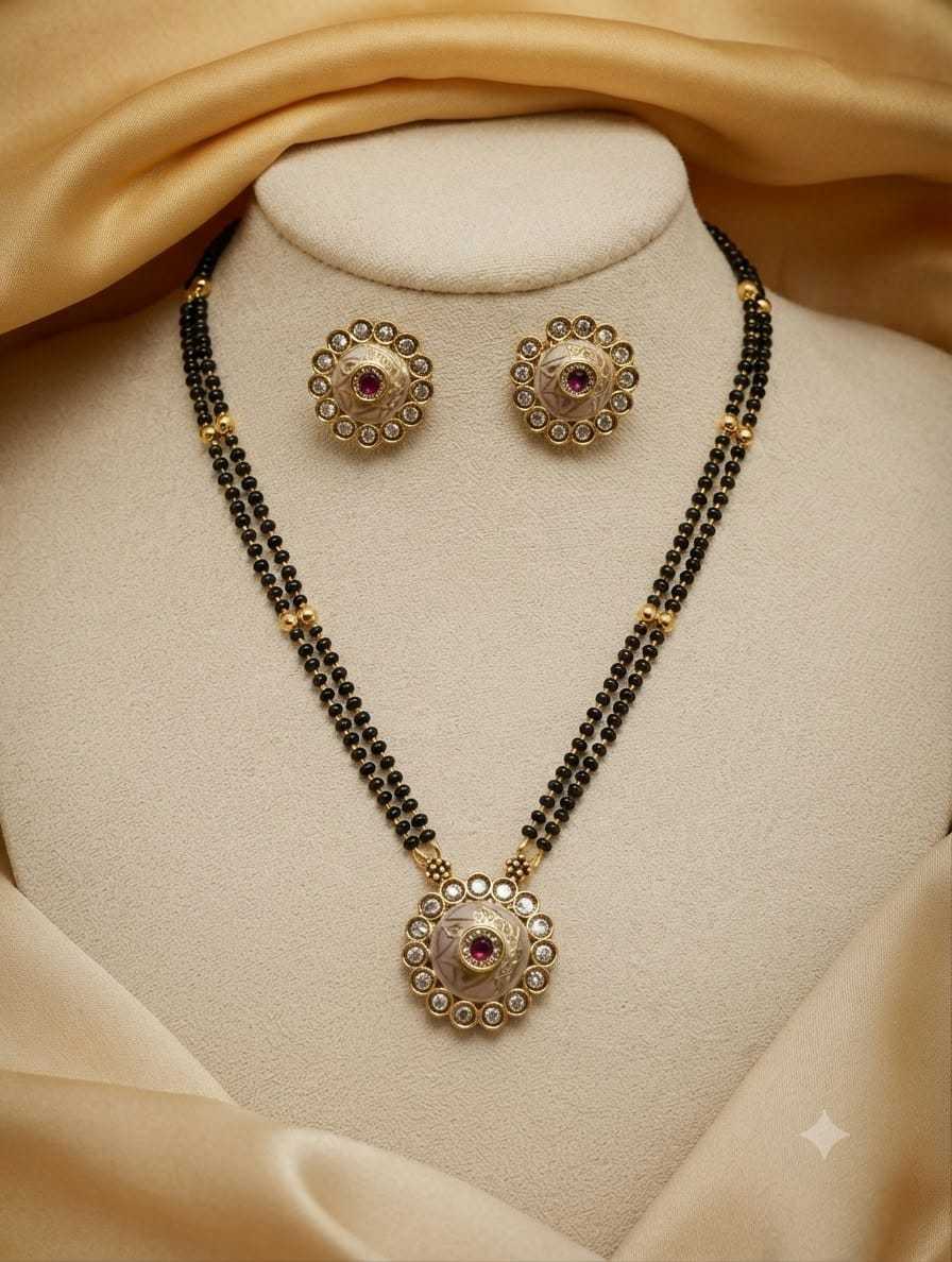AD Mangalsutra Set with Red Centre Floral Pendant