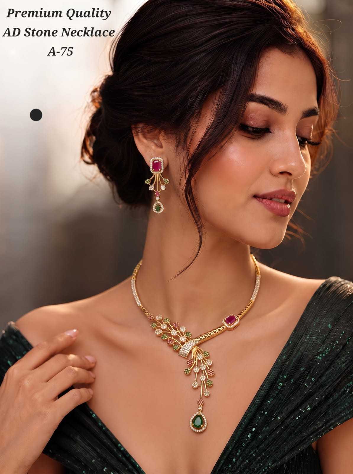 AD Stone Leaf Spray Necklace Set with Ruby and Emerald Drops