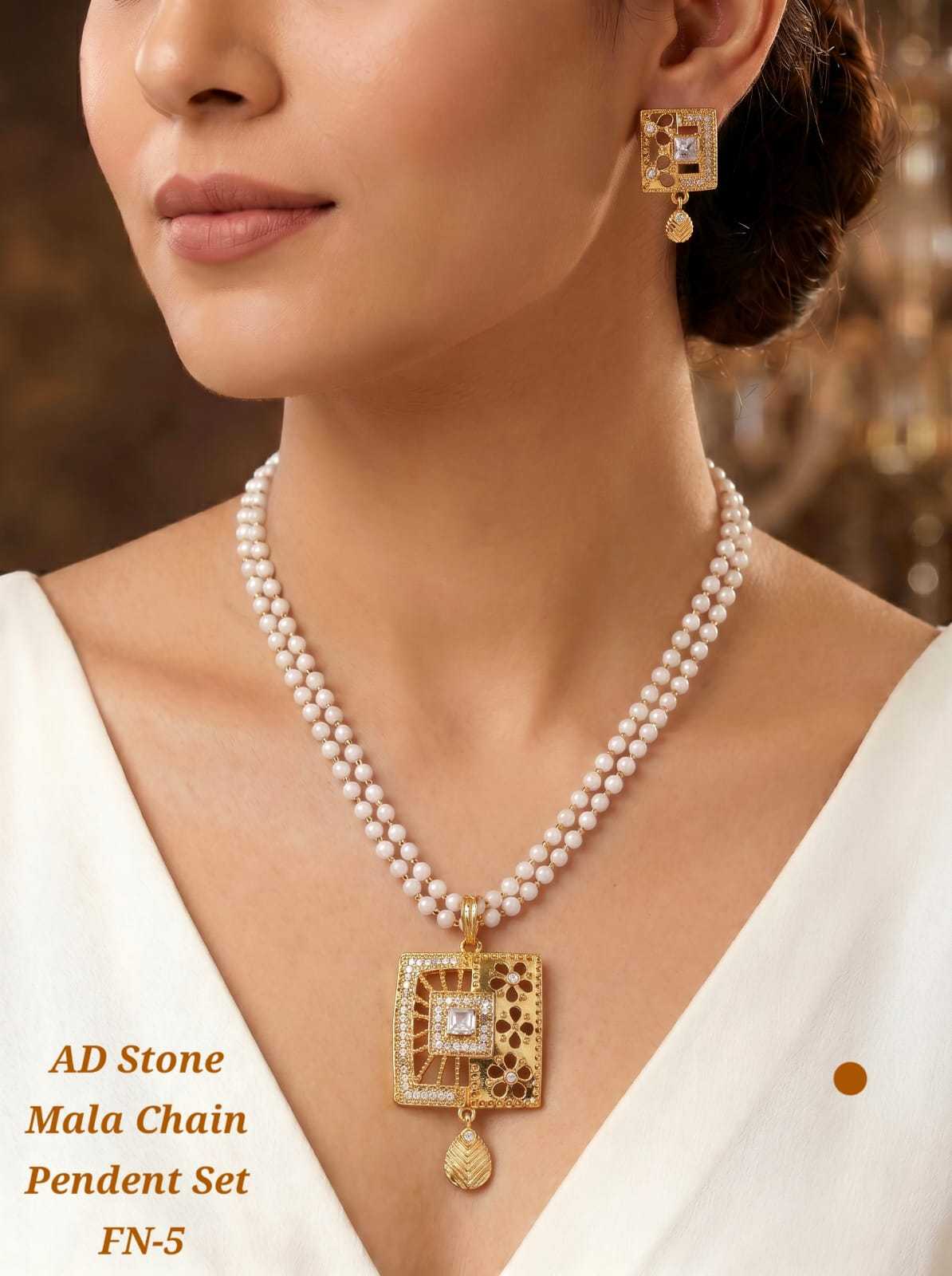 AD Stone Mala Chain Pendant Set with Pearls