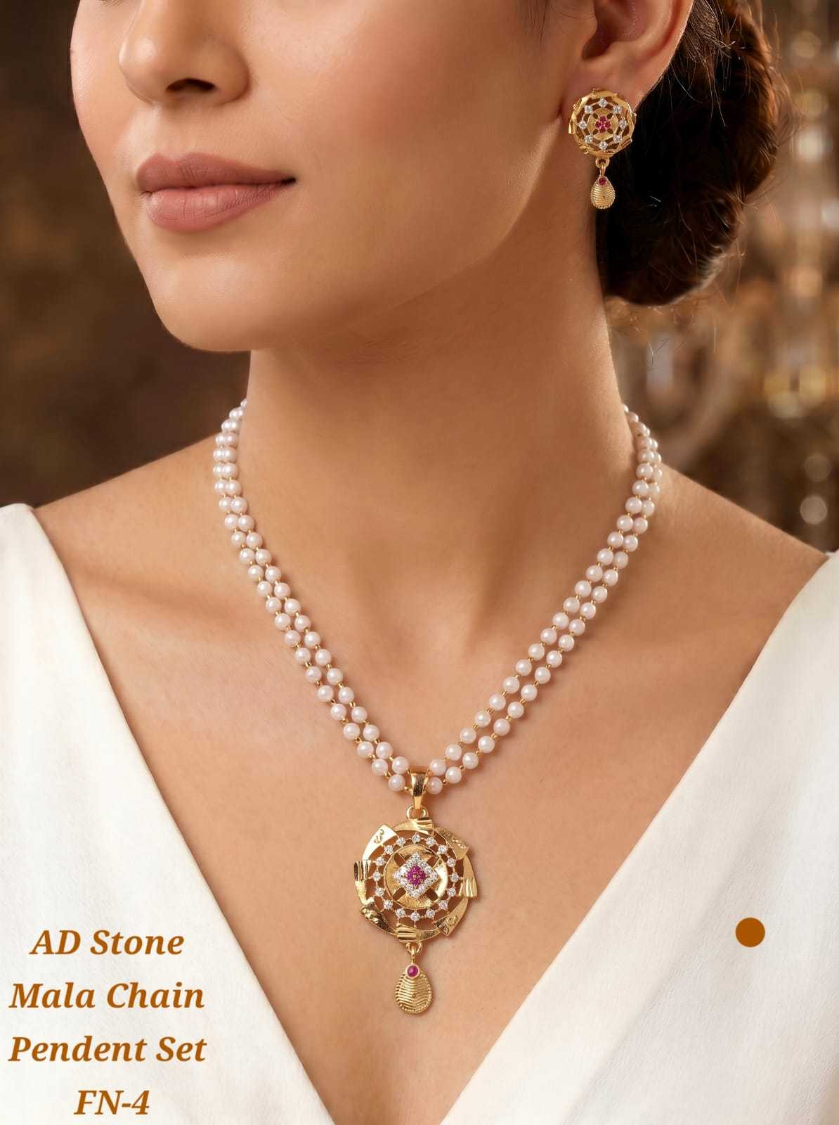AD Stone Mala Chain Pendant Set with Pearls