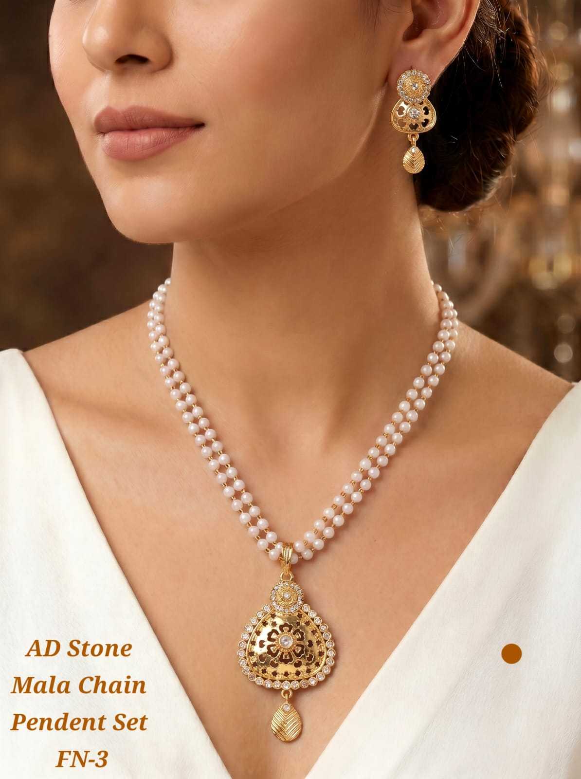 AD Stone Mala Chain Pendant Set with Pearls