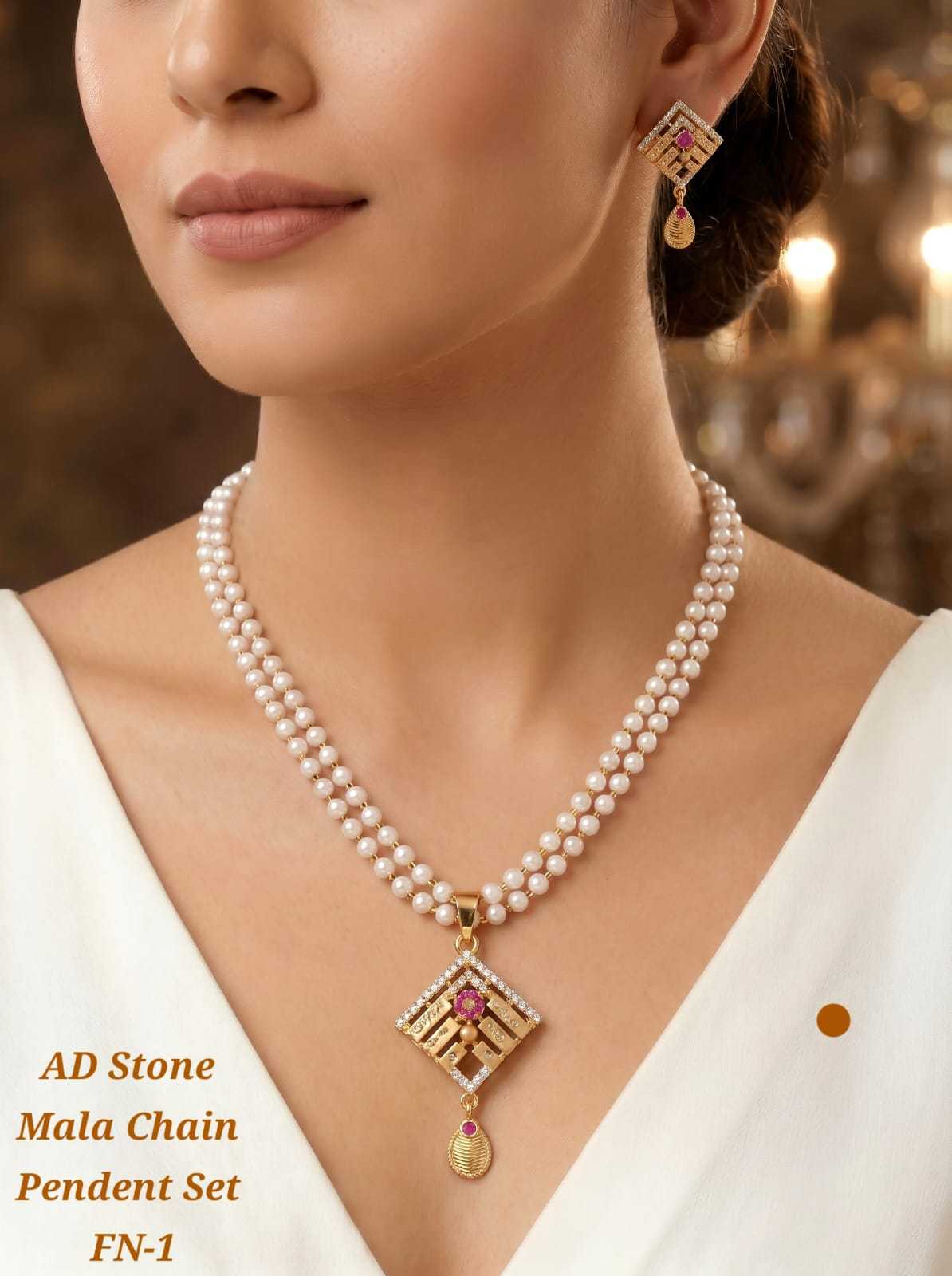 AD Stone Mala Chain Pendant Set with Pearls