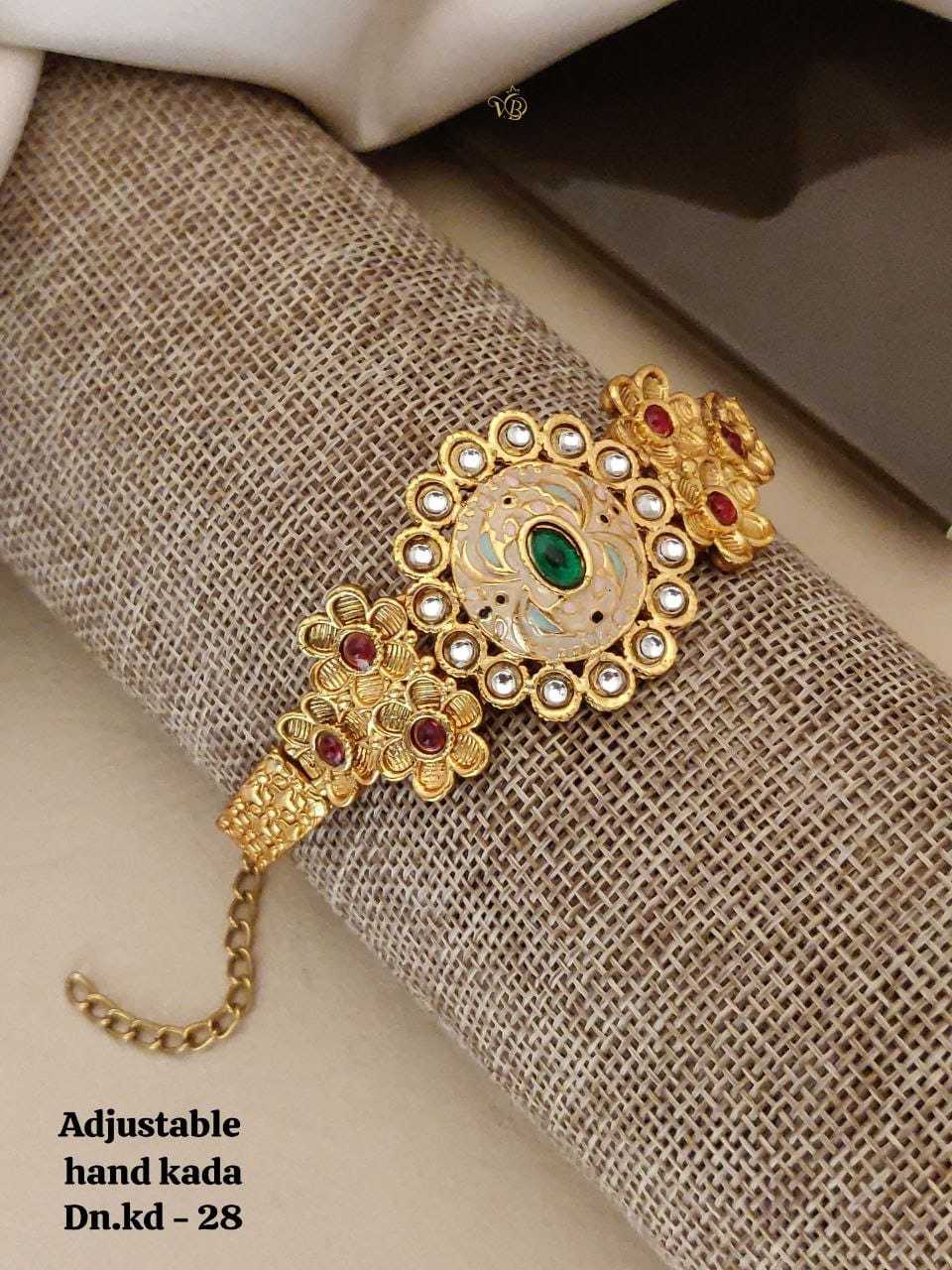 Adjustable Geometric Kada with Green & Red Stones