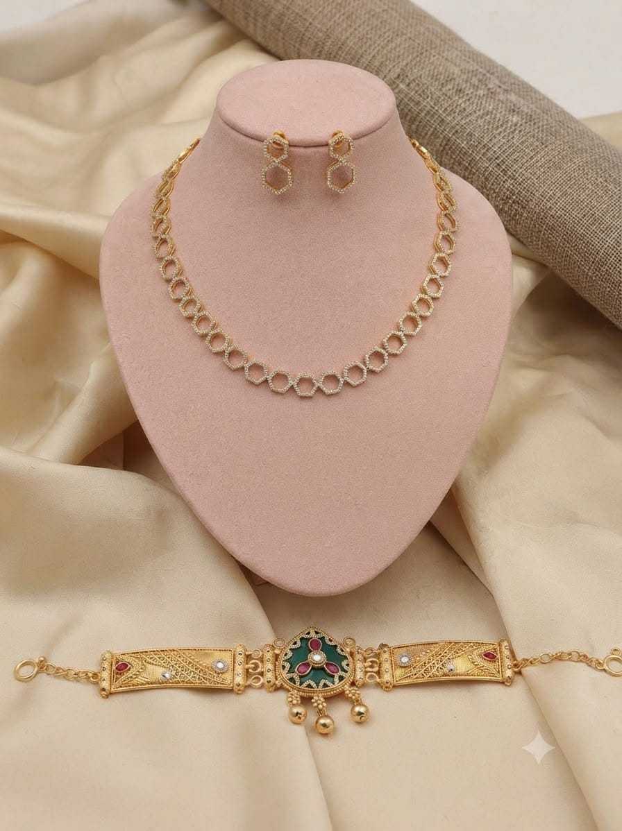 American Diamond Necklace with Geometric Studs