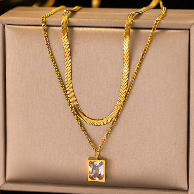 Anti-Tarnish Layered Snake Chain Necklace with Emerald-Cut Stone
