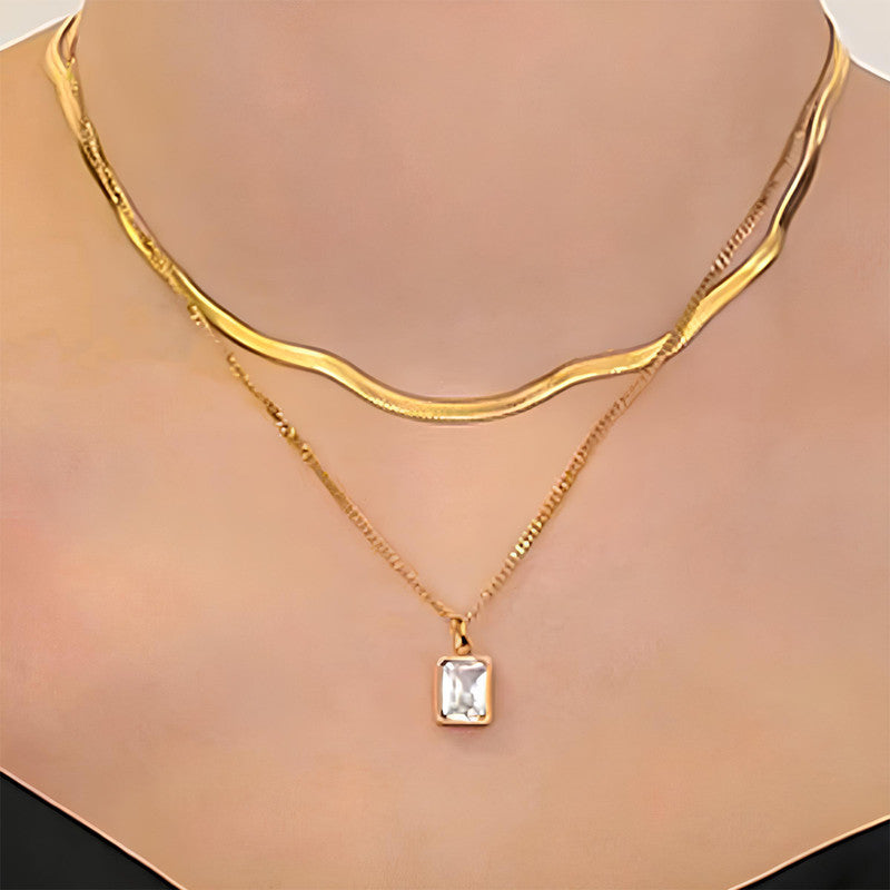 Anti-Tarnish Layered Snake Chain Necklace with Emerald-Cut Stone