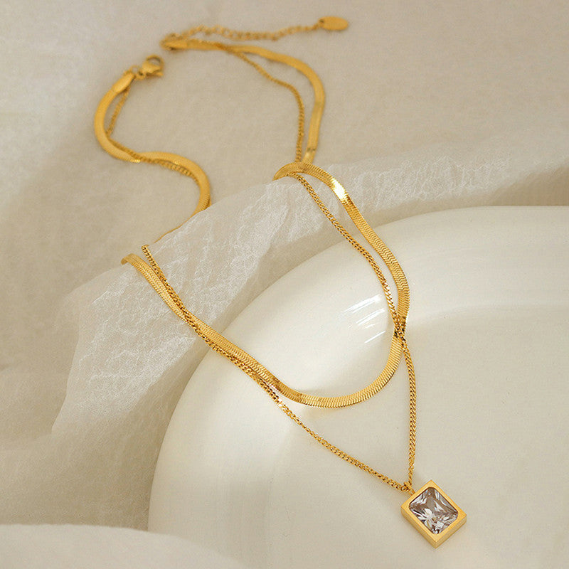 Anti-Tarnish Layered Snake Chain Necklace with Emerald-Cut Stone