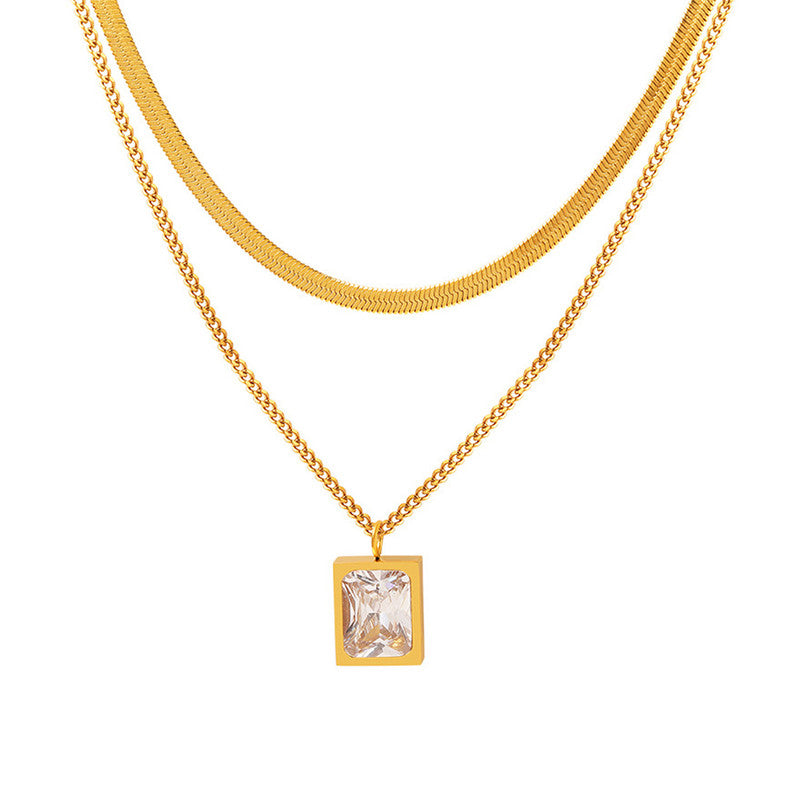 Anti-Tarnish Layered Snake Chain Necklace with Emerald-Cut Stone