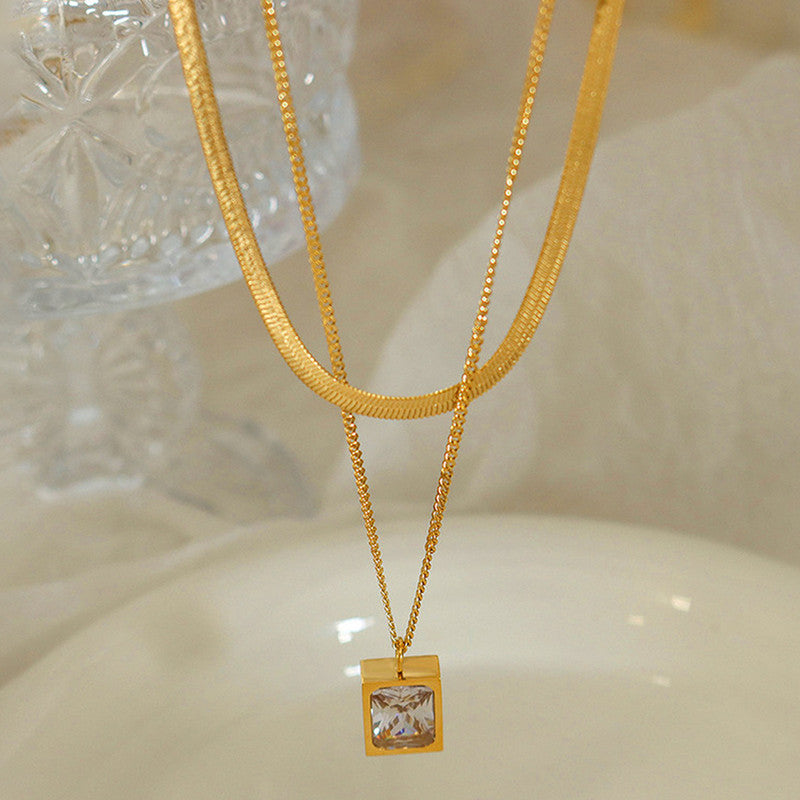 Anti-Tarnish Layered Snake Chain Necklace with Emerald-Cut Stone