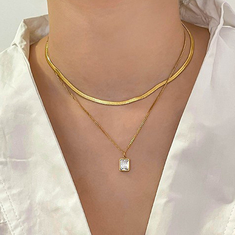 Anti-Tarnish Layered Snake Chain Necklace with Emerald-Cut Stone