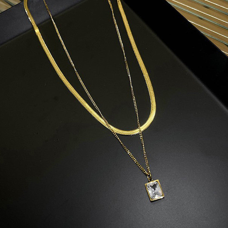 Anti-Tarnish Layered Snake Chain Necklace with Emerald-Cut Stone