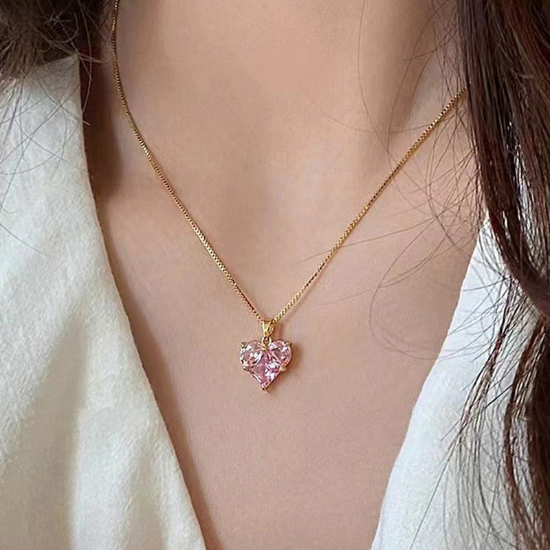 Anti-Tarnish Pink CZ Heart Pendant Necklace