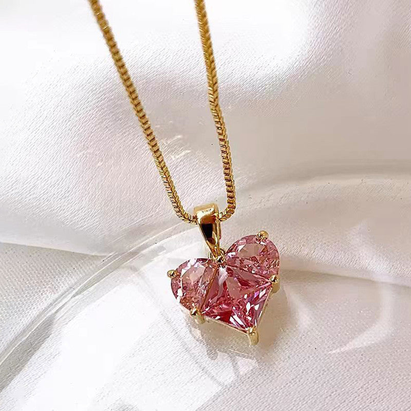 Anti-Tarnish Pink CZ Heart Pendant Necklace
