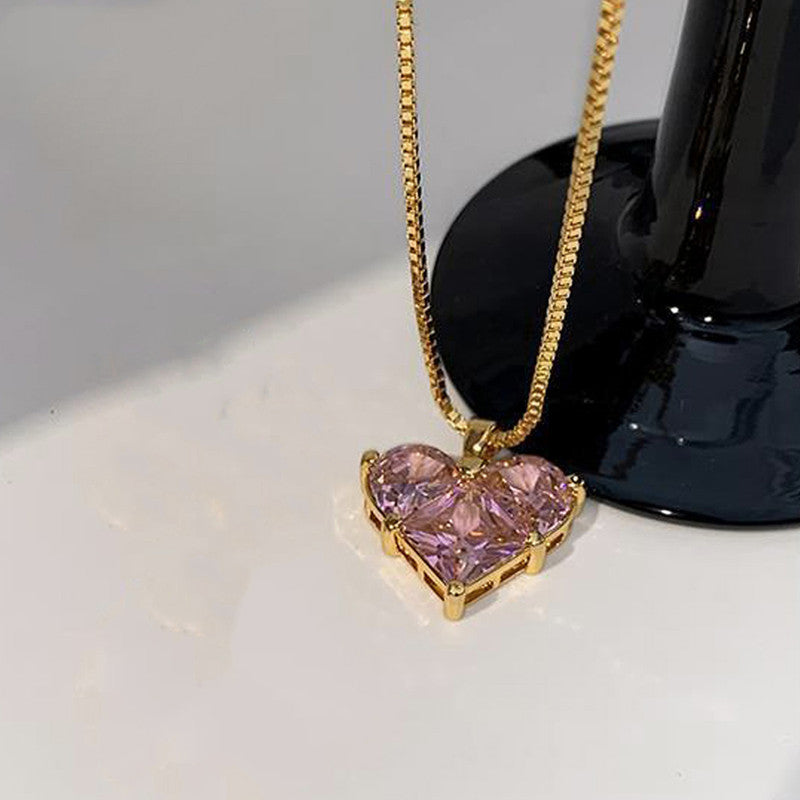 Anti-Tarnish Pink CZ Heart Pendant Necklace