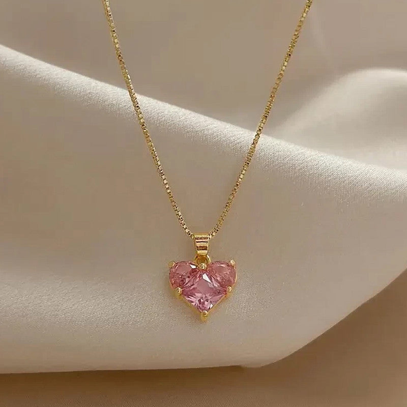 Anti-Tarnish Pink CZ Heart Pendant Necklace