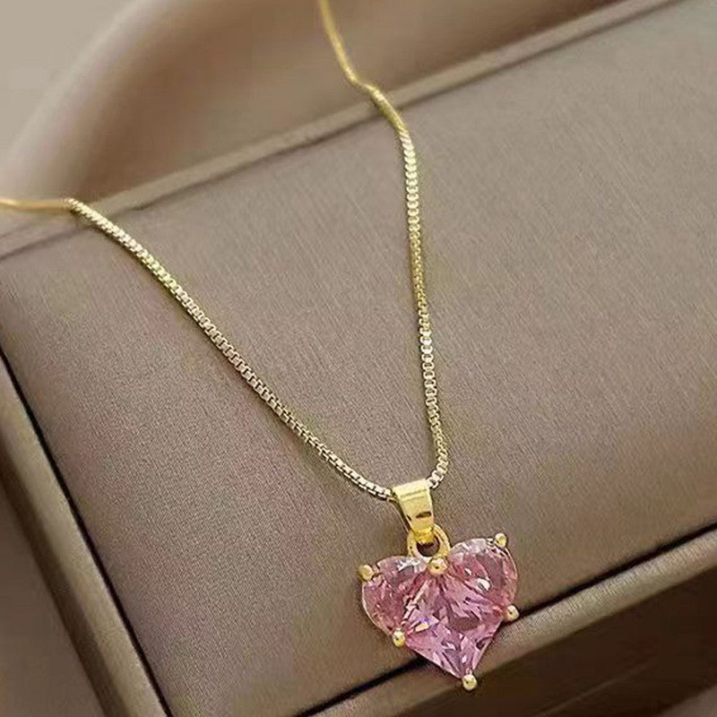 Anti-Tarnish Pink CZ Heart Pendant Necklace
