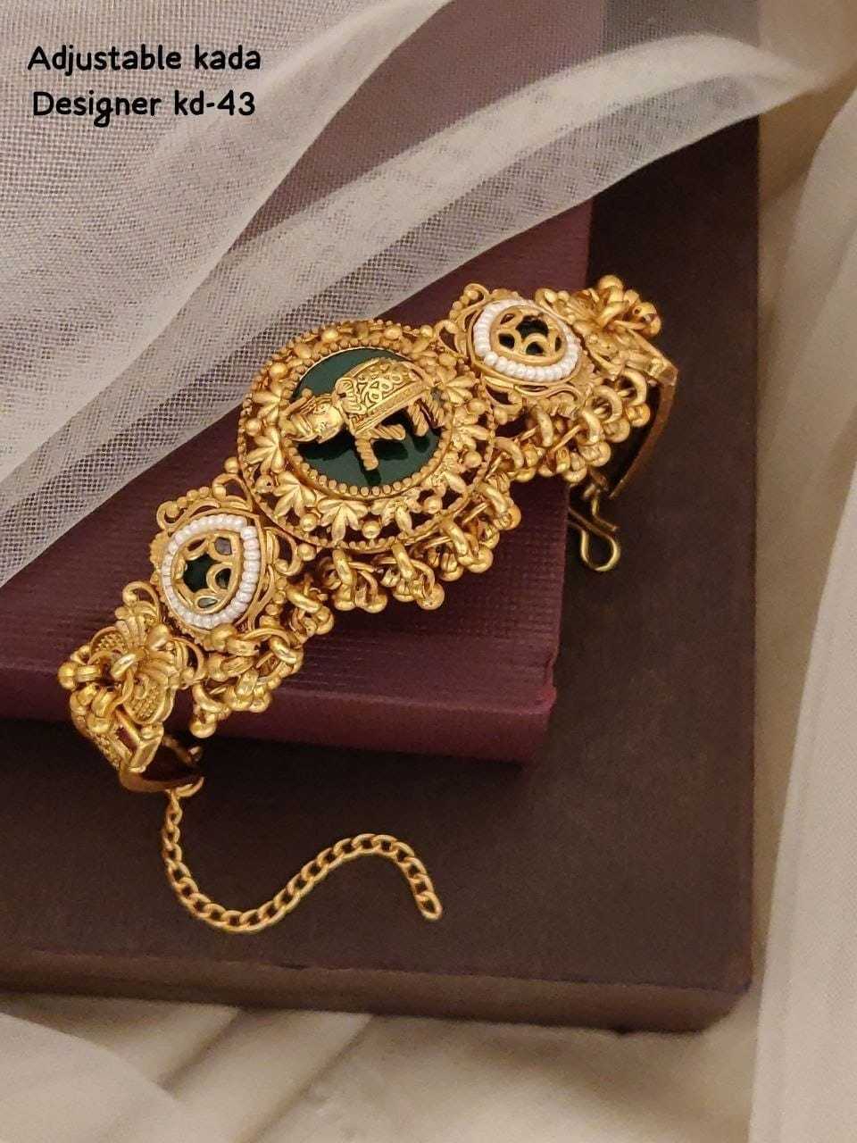 Antique Elephant Kada with Green Stone and Pearl Detailing