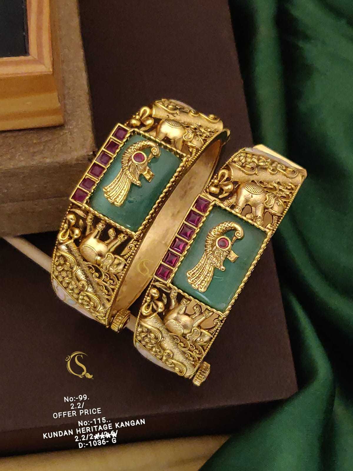 Antique Elephant Kangan Pair with Peacock Enamel Panel