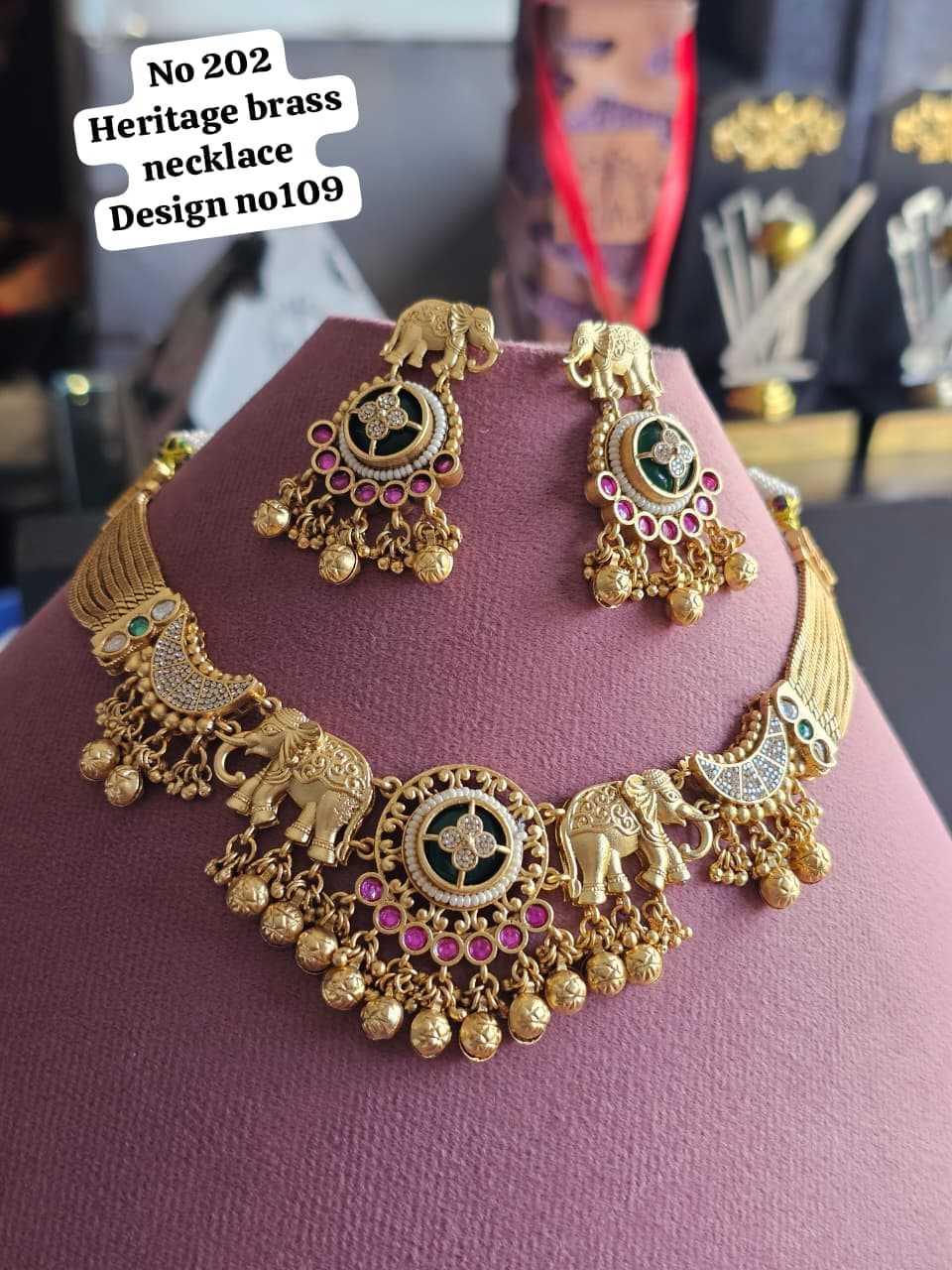 Antique Gold Elephant Choker Set with Green and Pink Stones
