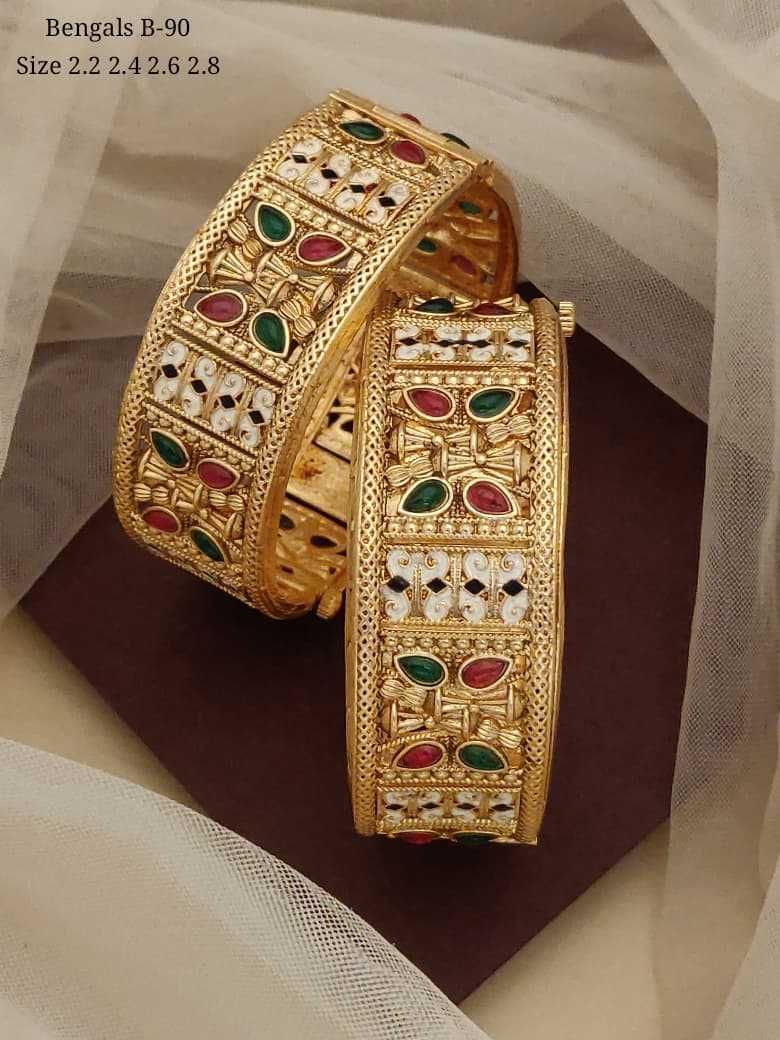 Antique Gold-Plated Broad Kada Pair with Ruby and Emerald Stones