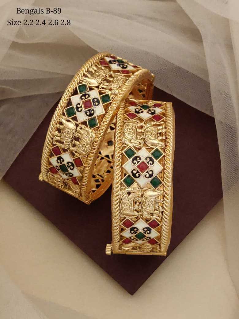 Antique Gold-Plated Broad Kada Pair with Ruby and Emerald Stones