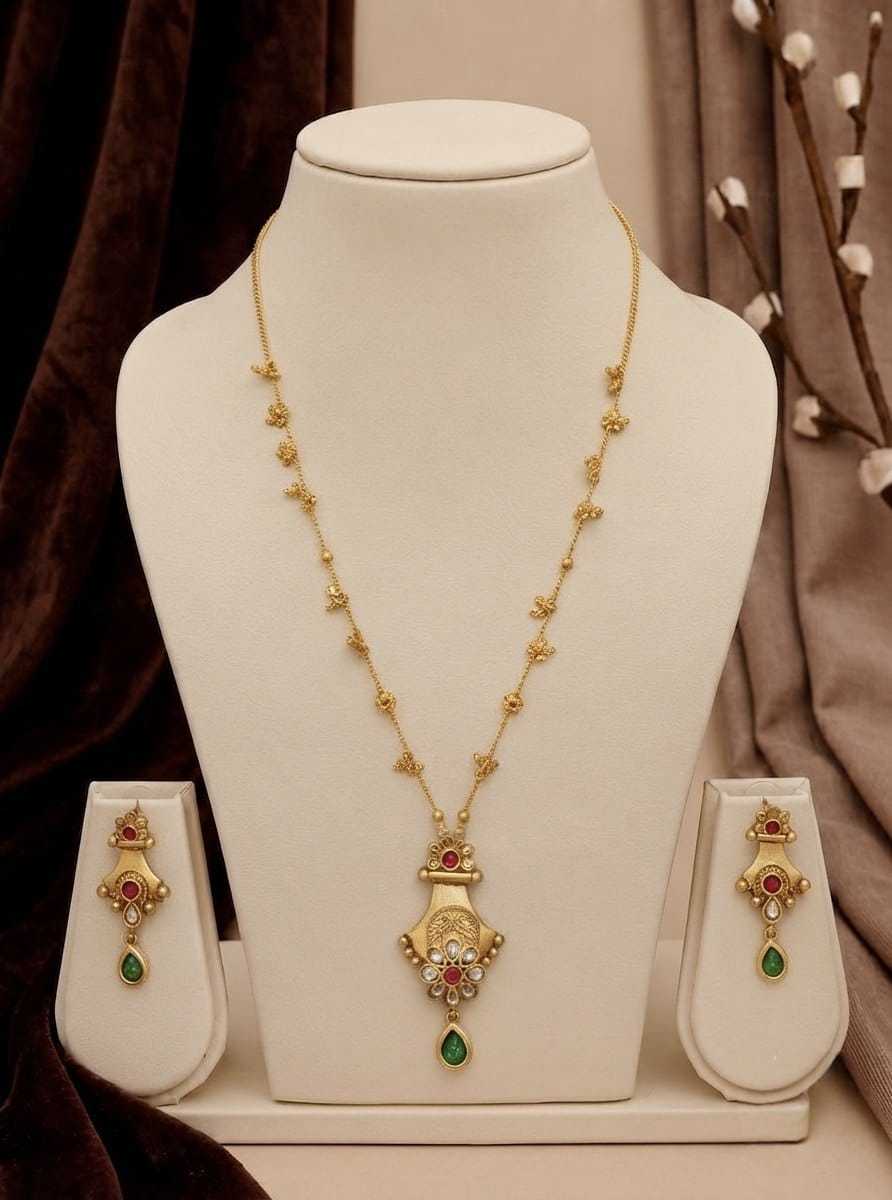 Antique Gold-Plated Leaf Station Long Necklace with Drop Earrings