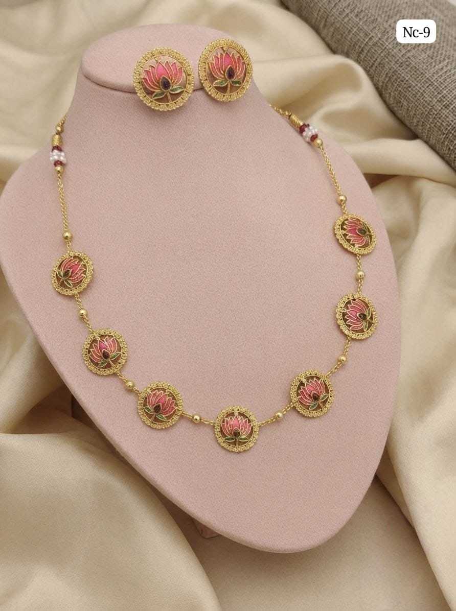 Antique Gold-Plated Station Necklace Set with Lotus and Lakshmi Motifs