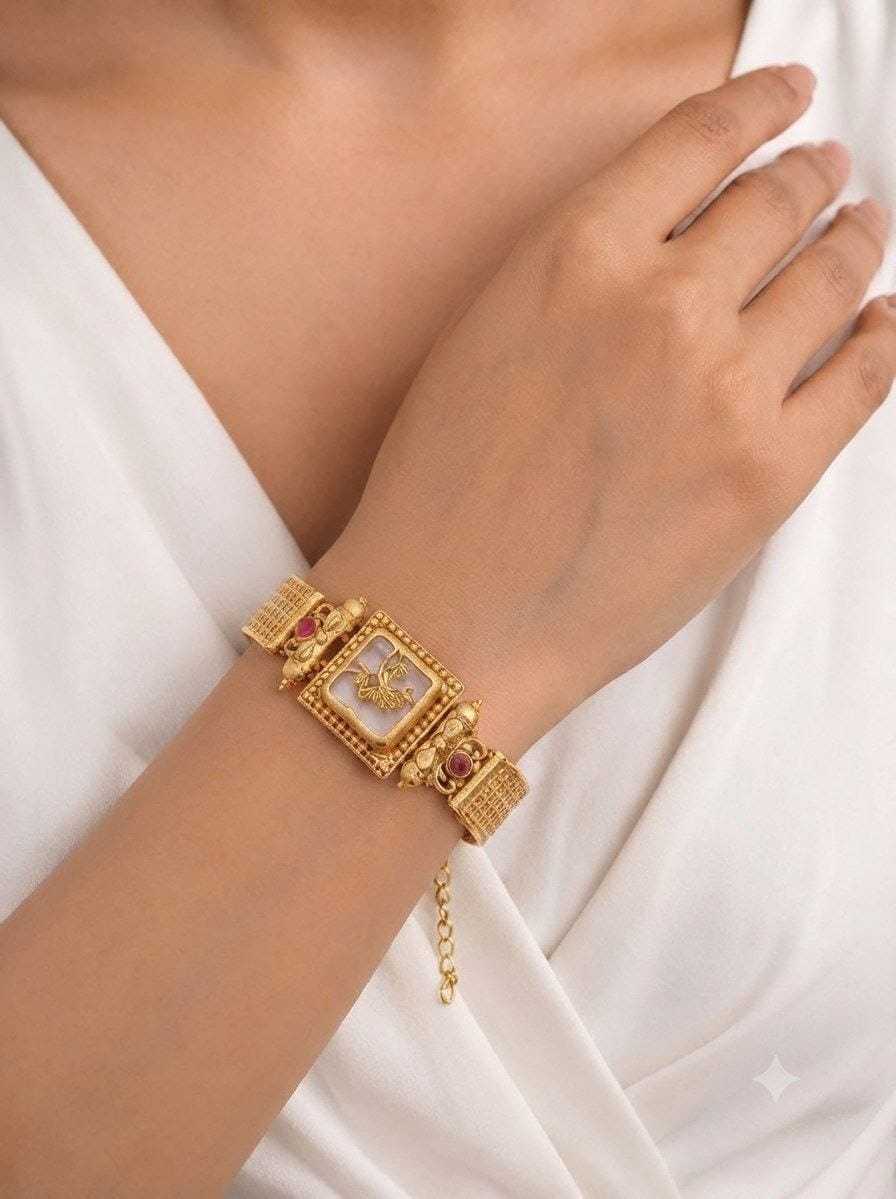 Antique Hand Kada with Square Red Stone Motif