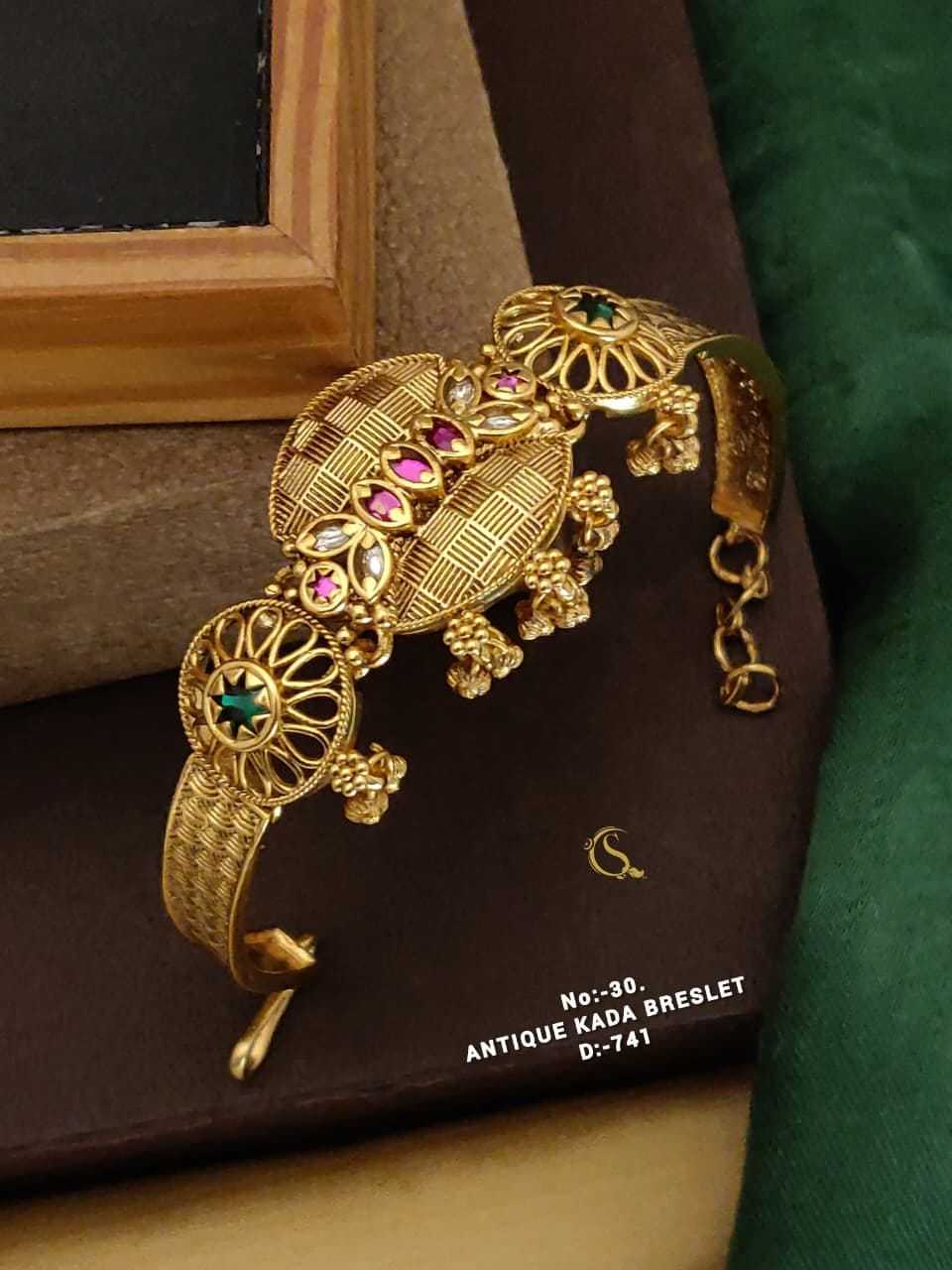 Antique Kada Bracelet with Ribbed Domes and Pink-Green Stones