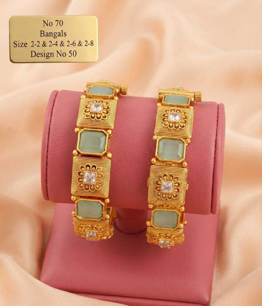Antique Kada Pair with Mint Green Square Stones and CZ