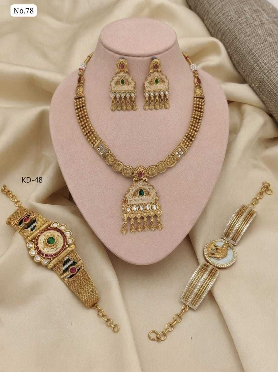 Antique Kundan Necklace Combo with Earrings and Two Bracelets