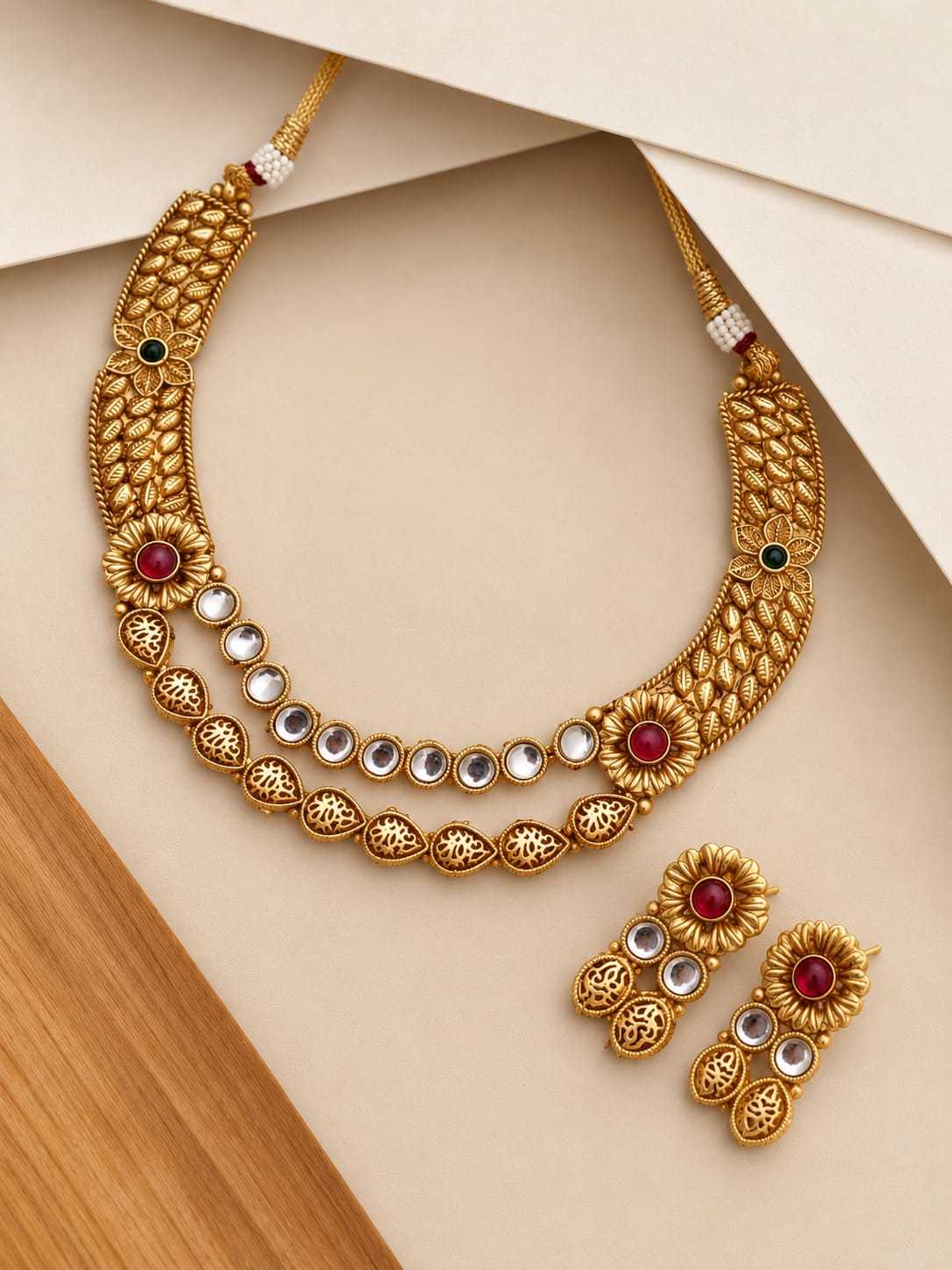 Antique Leaf Choker Set with Kundan Row and Ruby Flowers