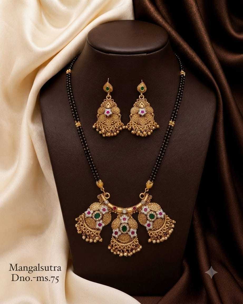 Antique Mangalsutra with Triple-Drop Floral Stone Pendant and Earrings