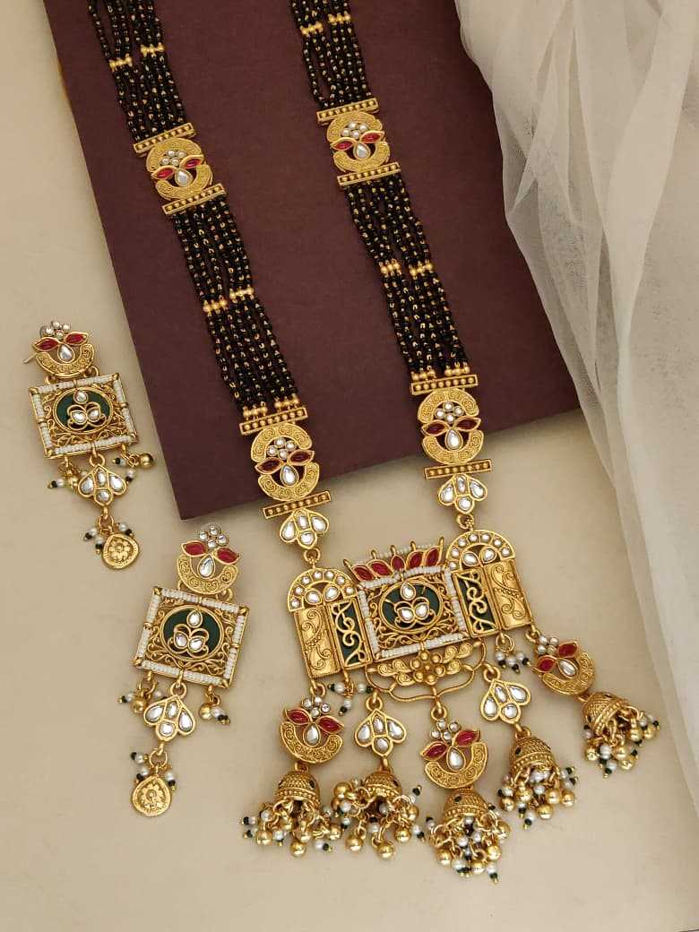 Antique Multi-Strand Mangalsutra Set with Meena Pendant and Jhumkas