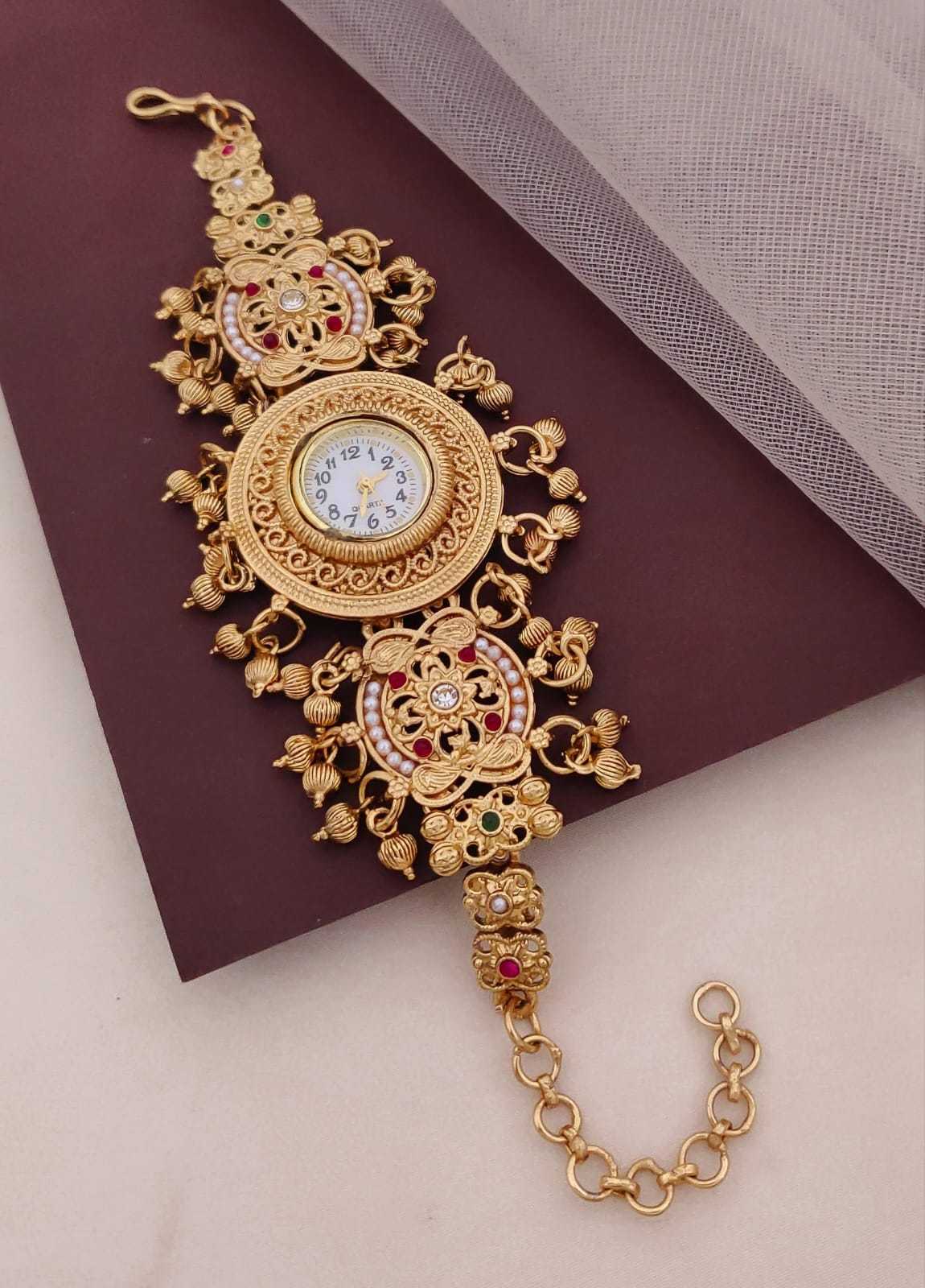 Antique Temple Bracelet Watch with Elephant Motifs & Bead Drops