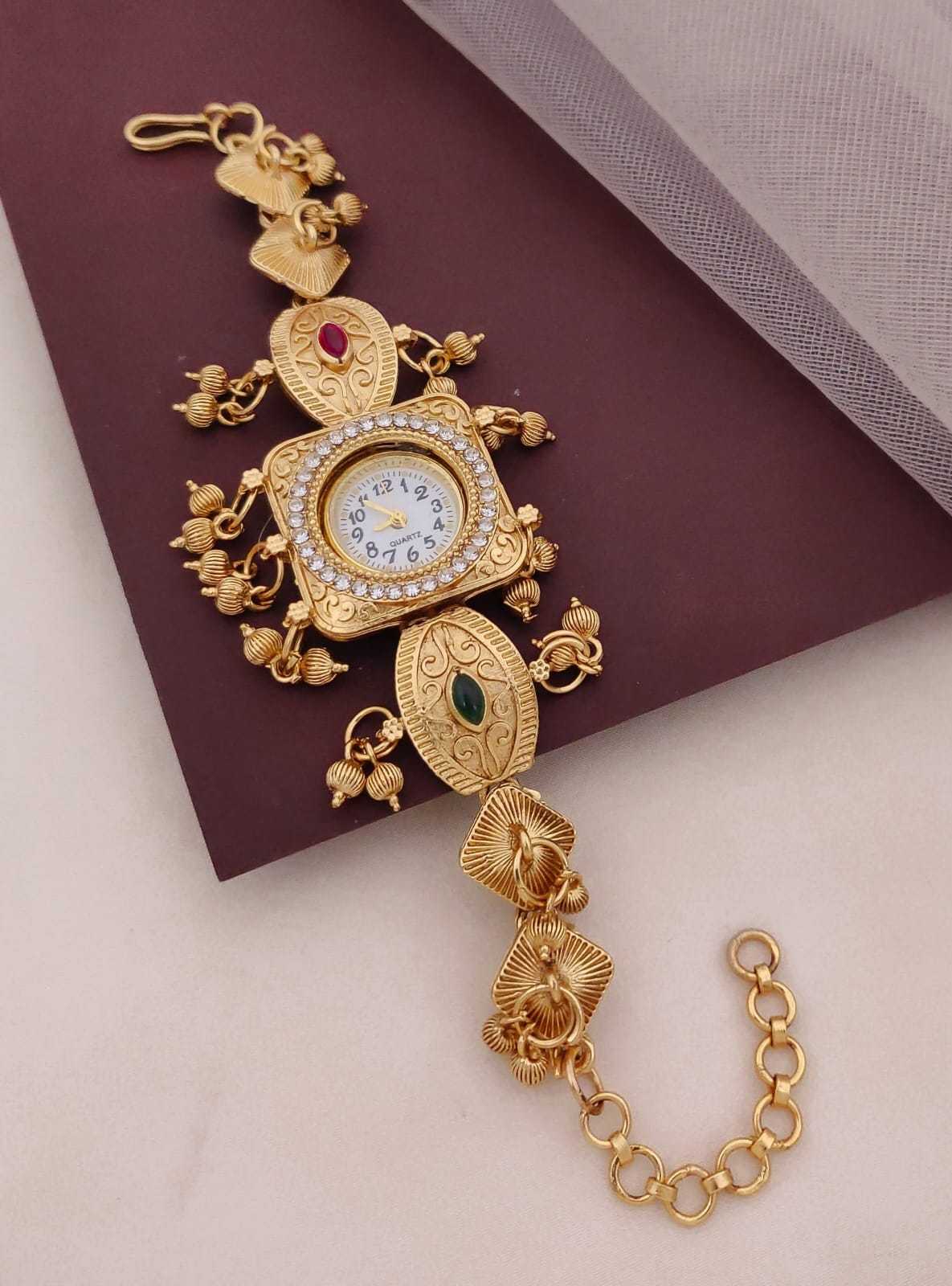 Antique Temple Bracelet Watch with Elephant Motifs & Bead Drops