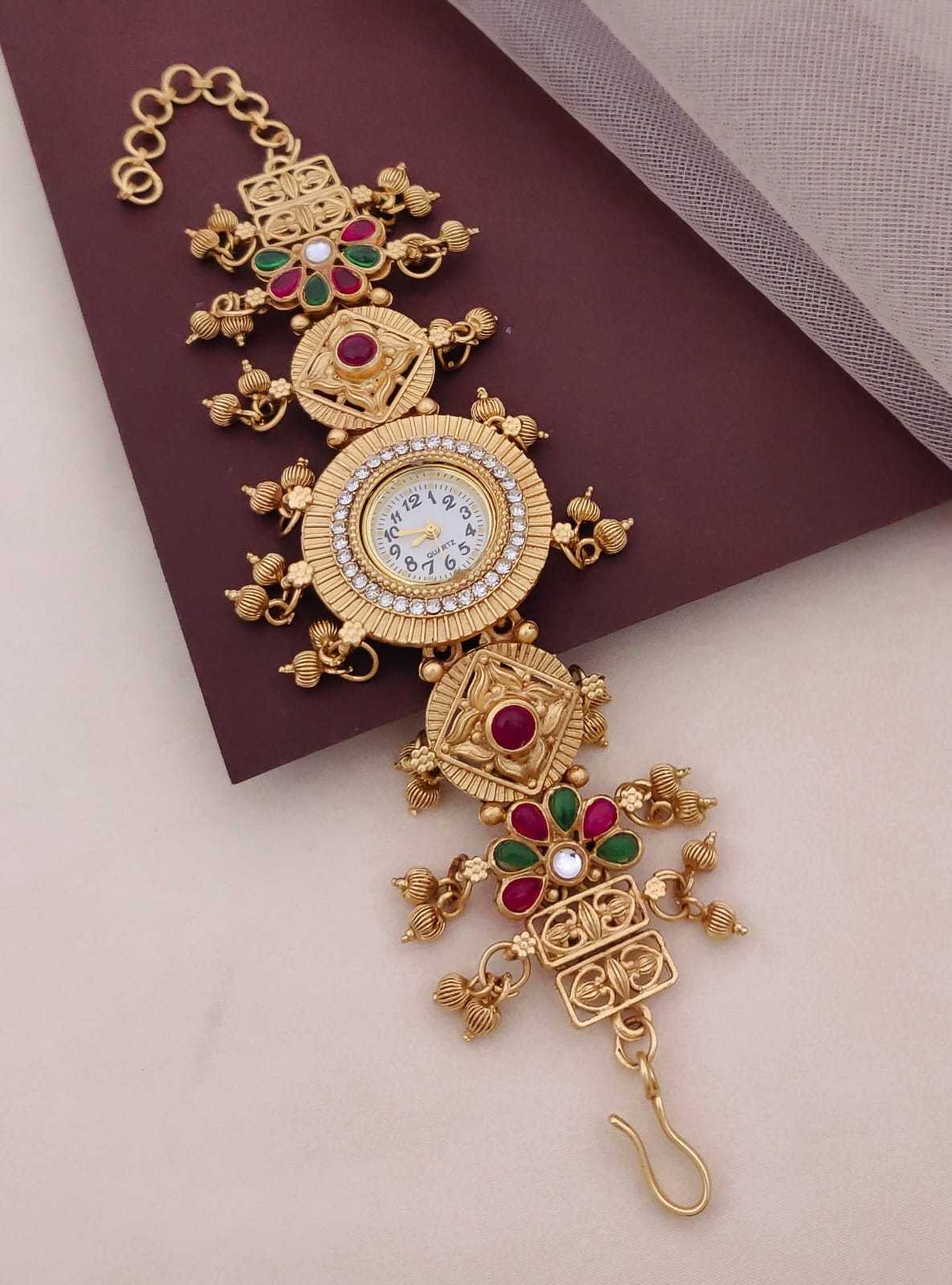 Antique Temple Bracelet Watch with Elephant Motifs & Bead Drops