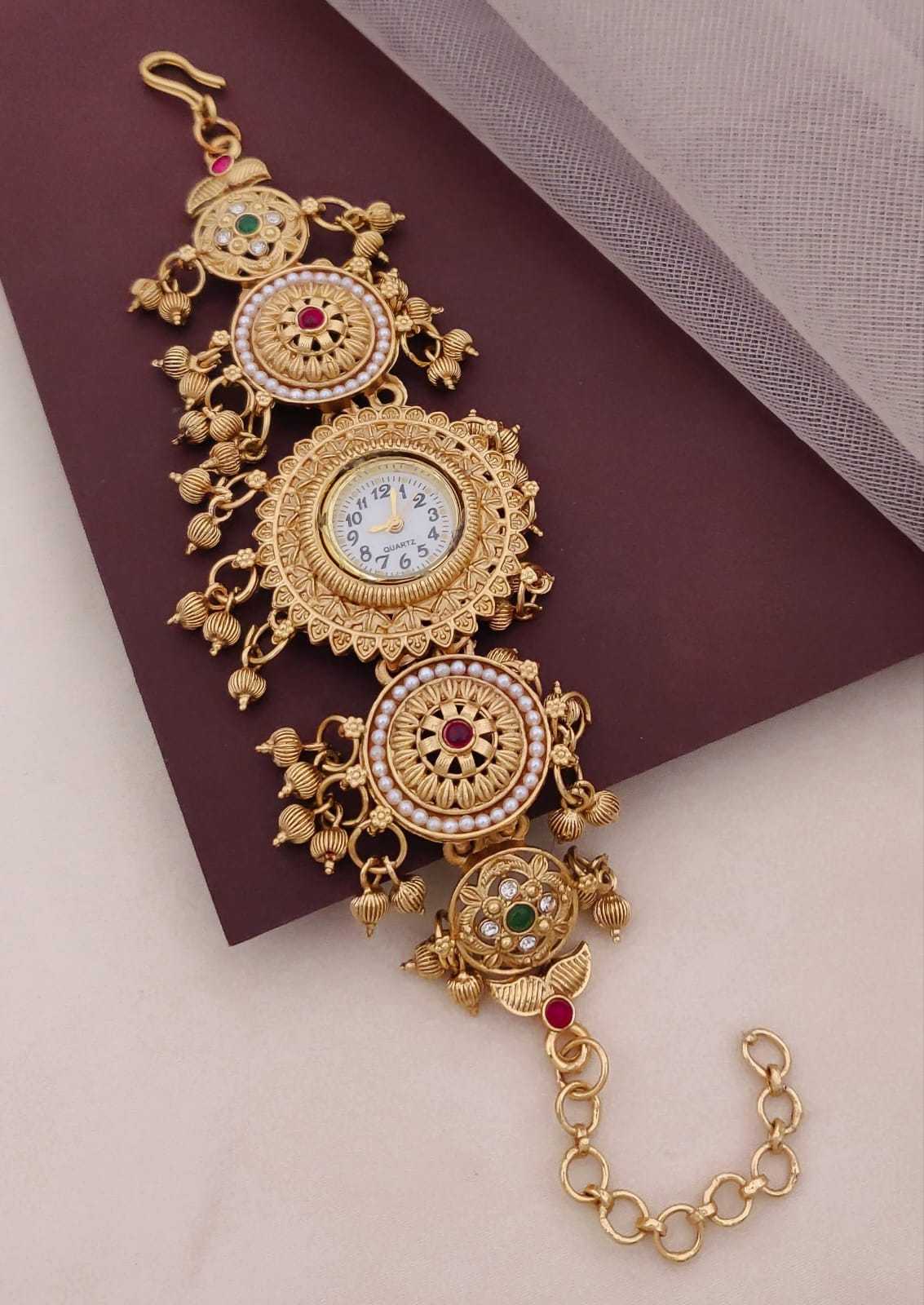 Antique Temple Bracelet Watch with Elephant Motifs & Bead Drops