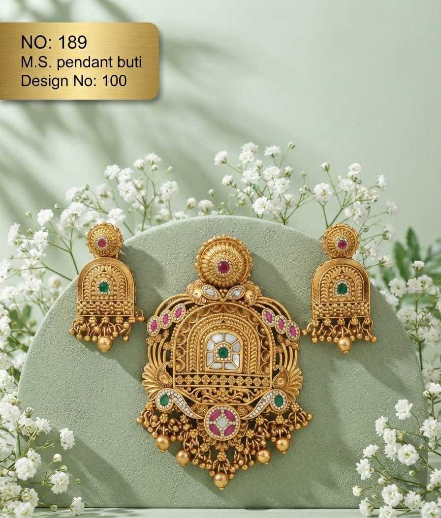 Arched Temple Pendant and Jhumki Earrings Set with Green Stones
