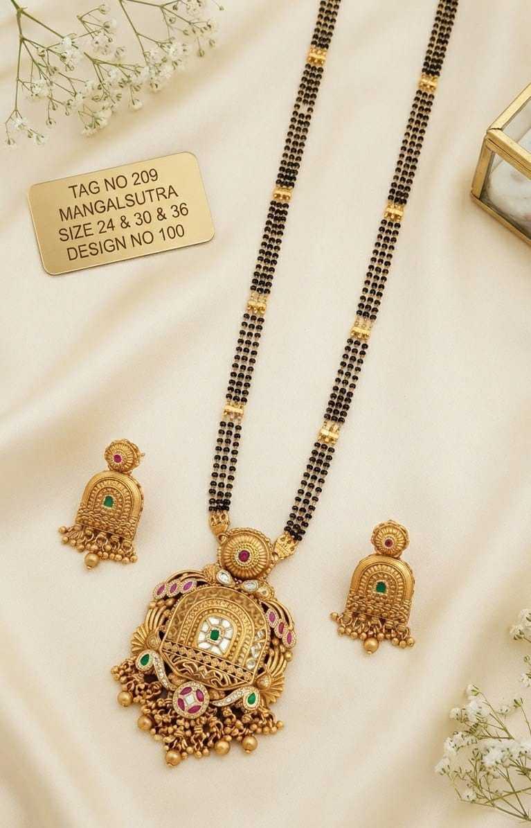 Arched Temple Pendant Long Mangalsutra Set with Bell Earrings