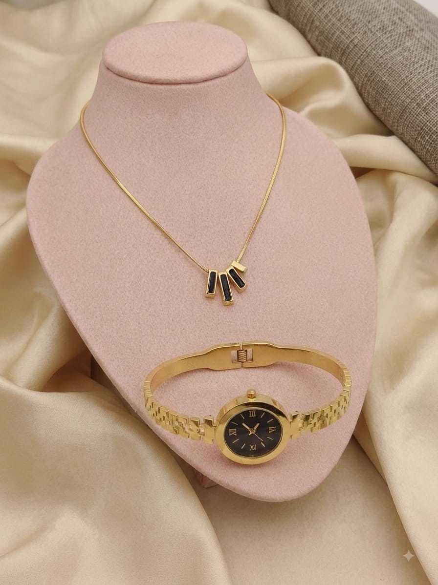Bar Charm Snake Chain Necklace & Fashion Watch Combo